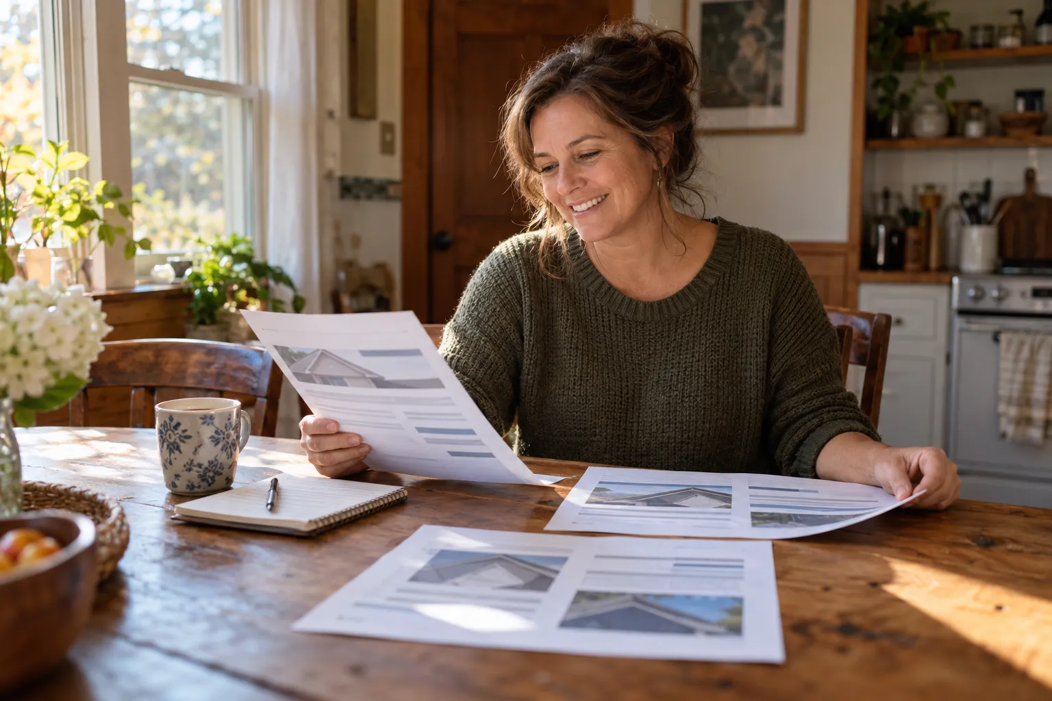 Homeowner comparing roof quotes at a kitchen table in the Sayreville area