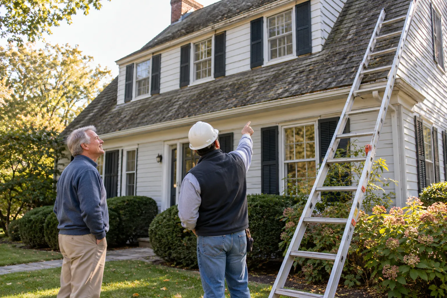 Older Sayreville home with a worn shingle roof on a clear day