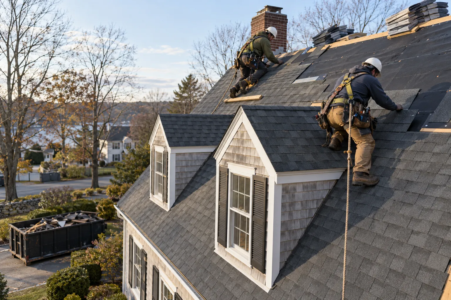 A local roofing provider installing new shingles on an older home in Sayreville